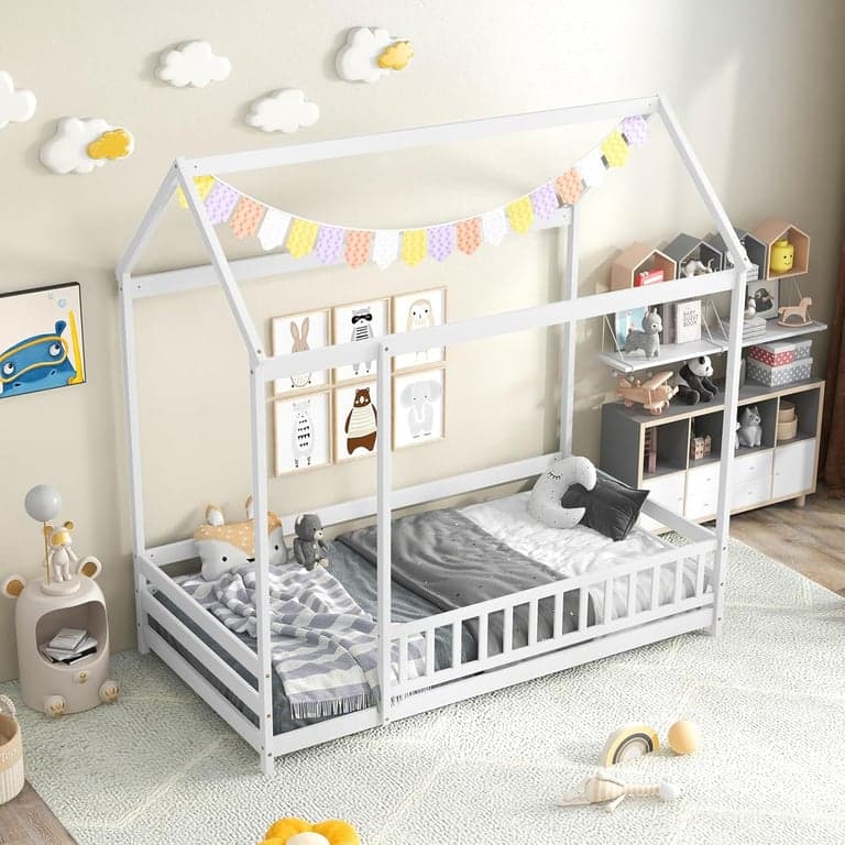 KOMFOTT Single Size Floor House Bed With Roof & Rails