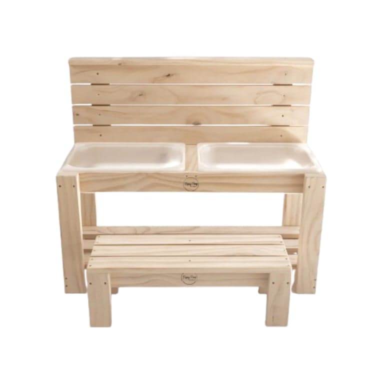 Pippy Play Designs Medium Sensory Mud Kitchen 2 Tubs With Bench Seat and Clear Gloss Varnish Treatment