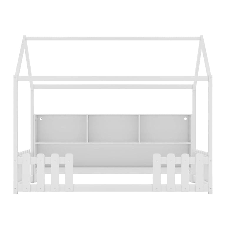 Mirightone Single House Floor Bed With Storage Shelves & Fence White