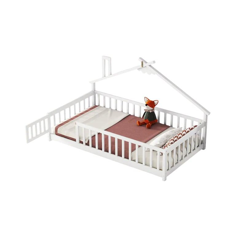 Montessori Bed Bath & Beyond Wooden Twin House-Shaped Floor Bed With Guardrails White