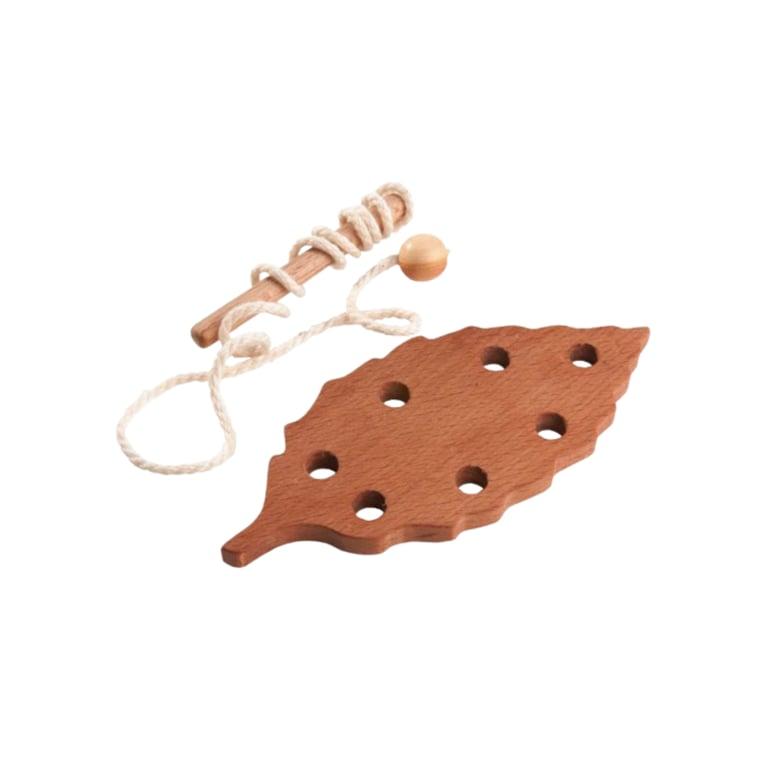 Montessori PoppyBabyCo Wooden Lacing Toy Beech Leaf