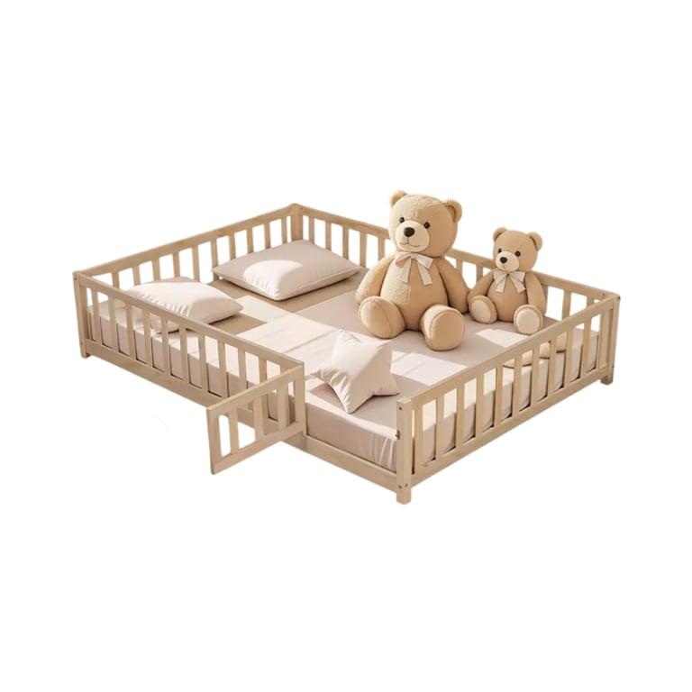 Montessori Bed Bath & Beyond Floor Bed With Fence-Shaped Guardrails, Slats, and Door Natural Full