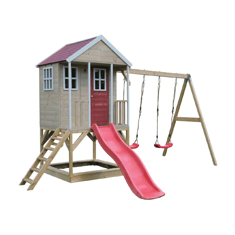 Montessori Wendi Toys Nordic Adventure Swing Set With Platform, Slide, and Double Swing Red