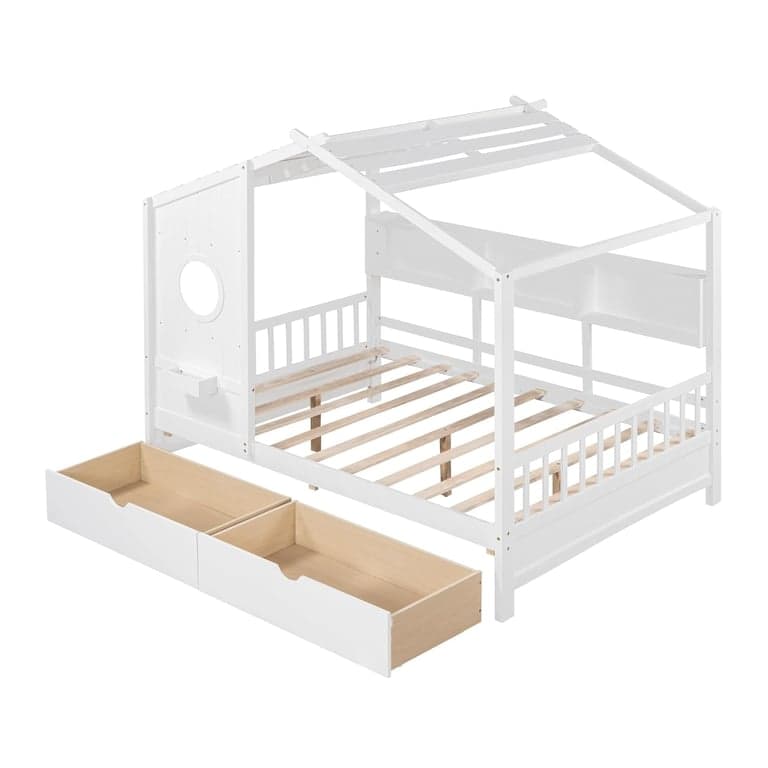 Tdewlye Double House Bed With Storage Shelf and 2 Drawers White