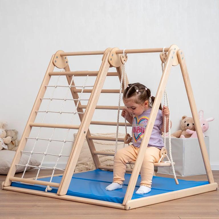 Montessori Wood and Hearts Climbing Triangle Frame Small With Two-sided Mat and Swing