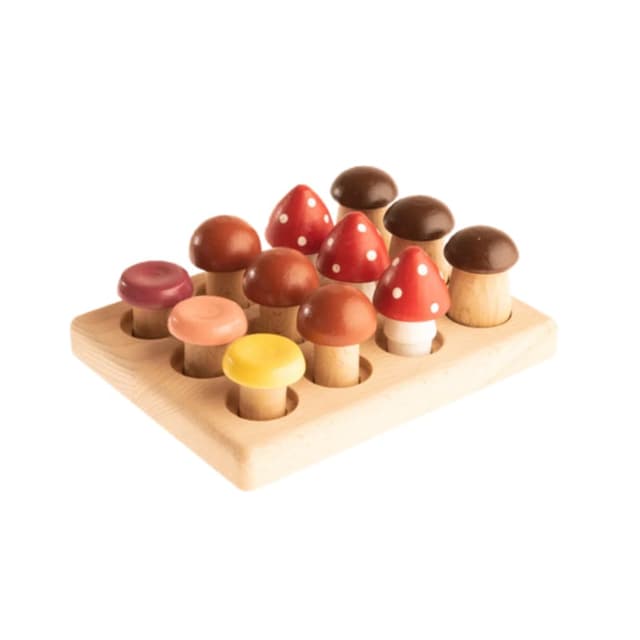 PoppyBabyCo Size Sorter Wood Mushrooms on the Field