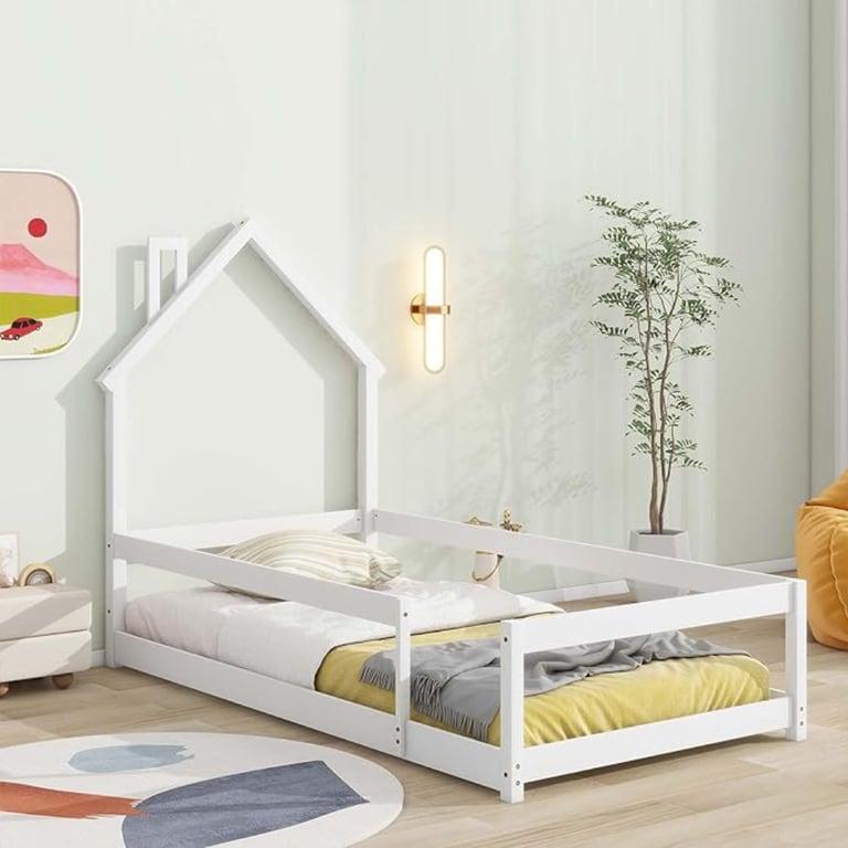 Montessori Tatub Twin Size House-Shaped Floor Bed With Fence White