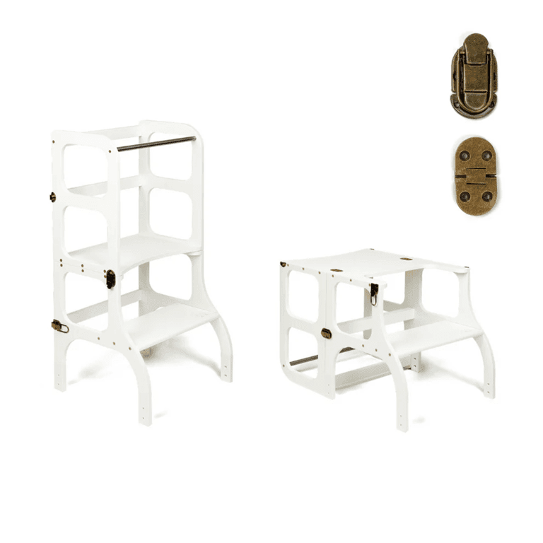 Montessori Ette Tete STEP'n'SIT® Helper Tower Table Convertible 2-in-1 White With Brass Clasp Locks