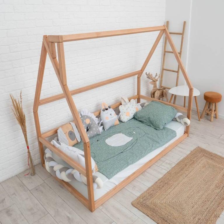 Montessori BusyWood Floor Bed House Shaped With Slats Full Size Natural