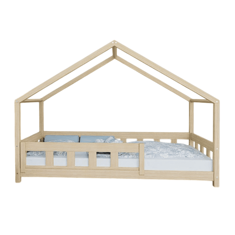 Benlemi House Bed Plotty With Front Panel and Front Safety Rail Unvarnished 140x200 CM