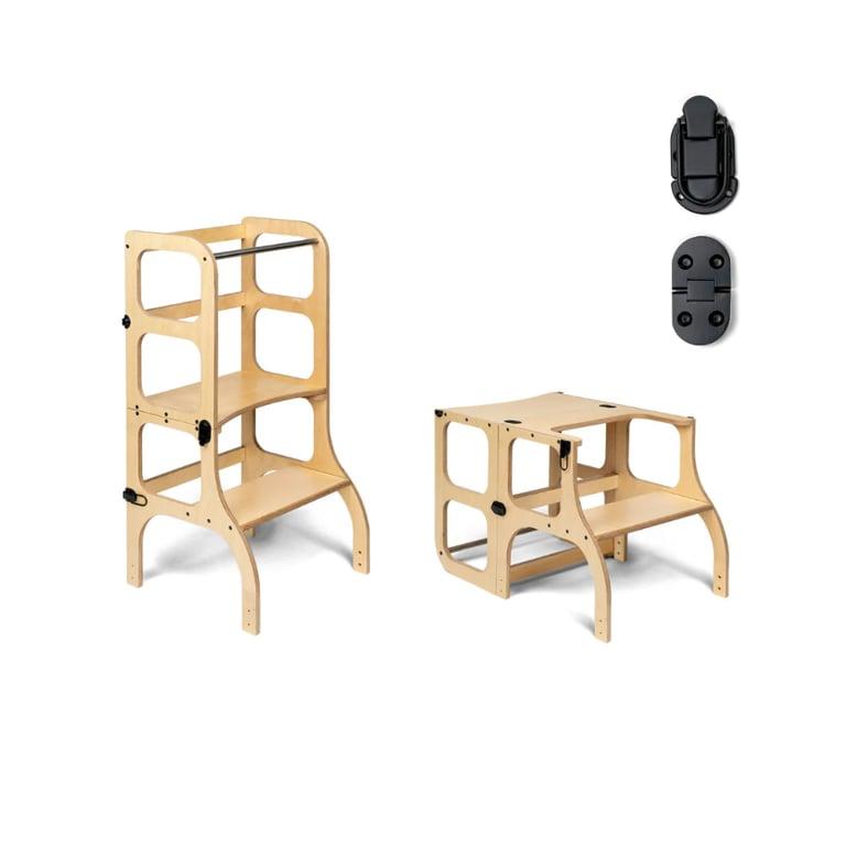 Montessori Ette Tete STEP'n'SIT® Helper Tower Table Convertible 2-in-1 Wooden With Black Clasp Locks