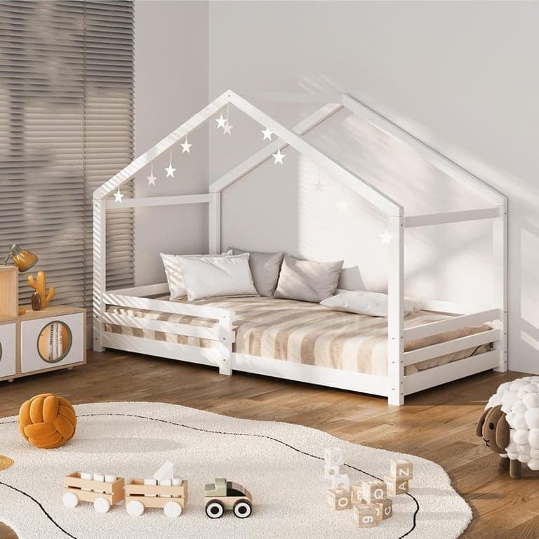 Oikiture Single House Floor Bed With Rails White A4