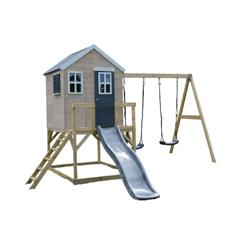 Montessori Wendi Toys My Lodge Swing Set With Platform, Slide, and Double Swing Gray