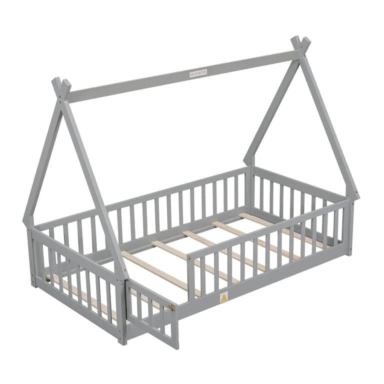 Mirightone Single Tent-Shaped Floor Bed With Slats and Guardrails Grey