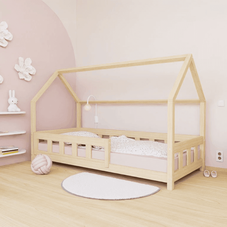Benlemi House Bed Plotty With Side Panel and Front Safety Rail Unvarnished 80x160 CM