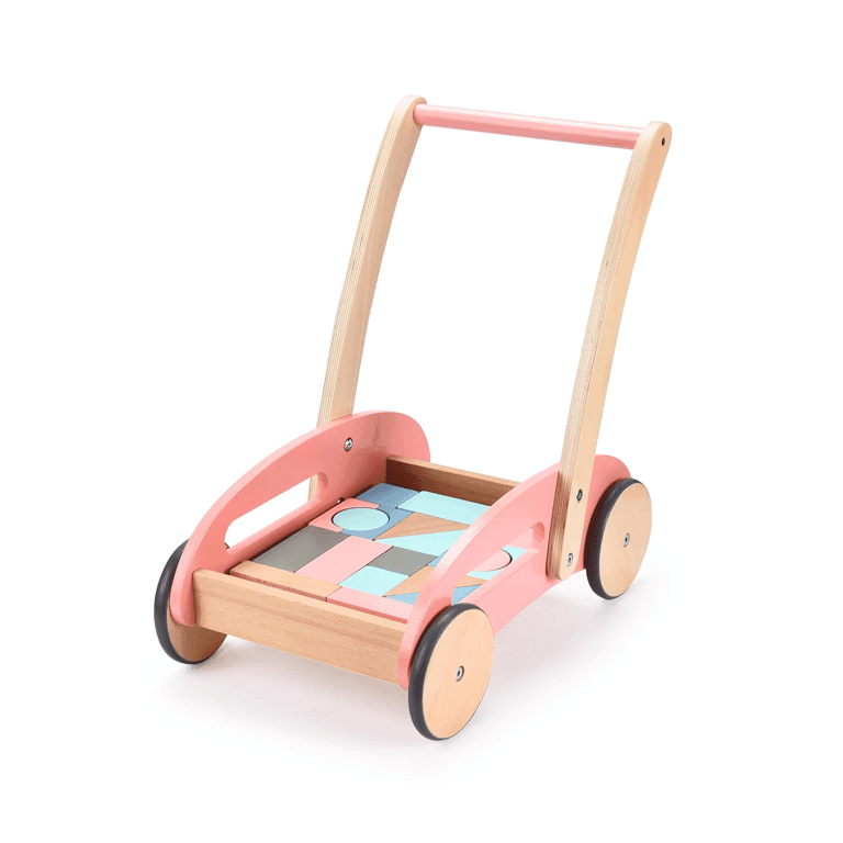 Montessori Childlike Behavior Wooden Push Walker With Building Blocks Pink