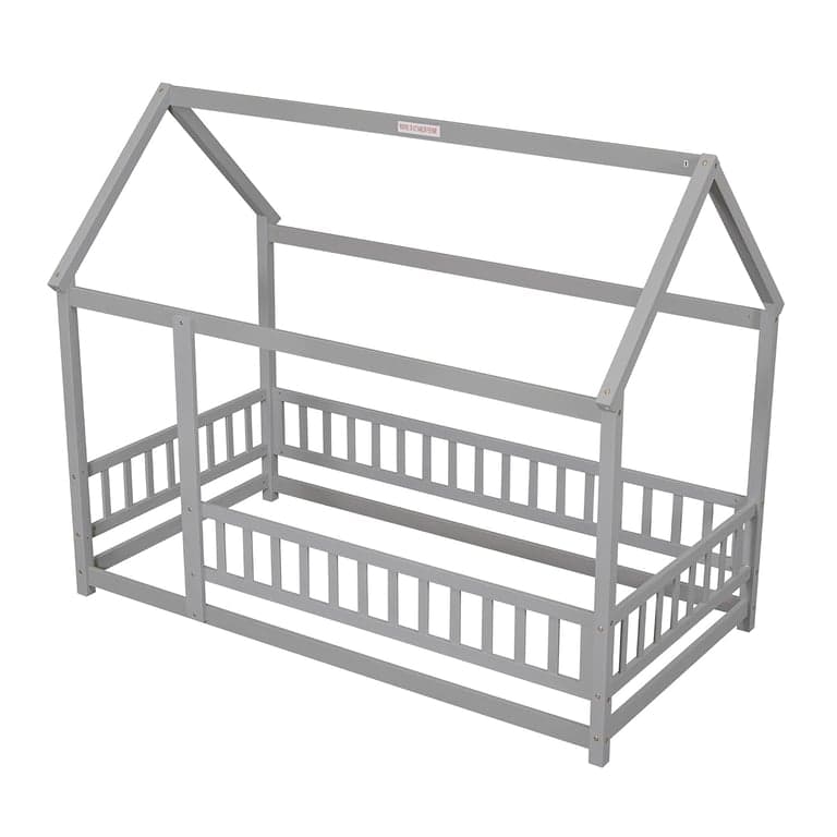 PVWIIK Single House Floor Bed With Guardrails Grey