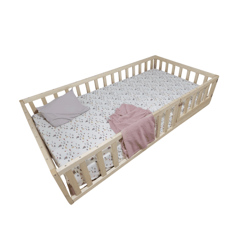 AdrijaT Toddler Floor Bed With Rails and Slats Queen Natural With Gate