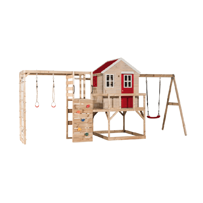 Montessori Wendi Toys My Lodge Swing Set With Platform, Single Swing, and Gym Attachment Red