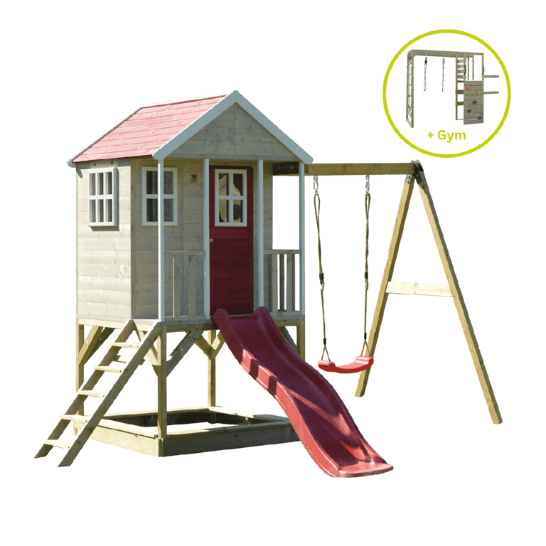 Montessori Wendi Toys Nordic Adventure Swing Set With Platform, Slide, Single Swing, and Gym Attachment Red