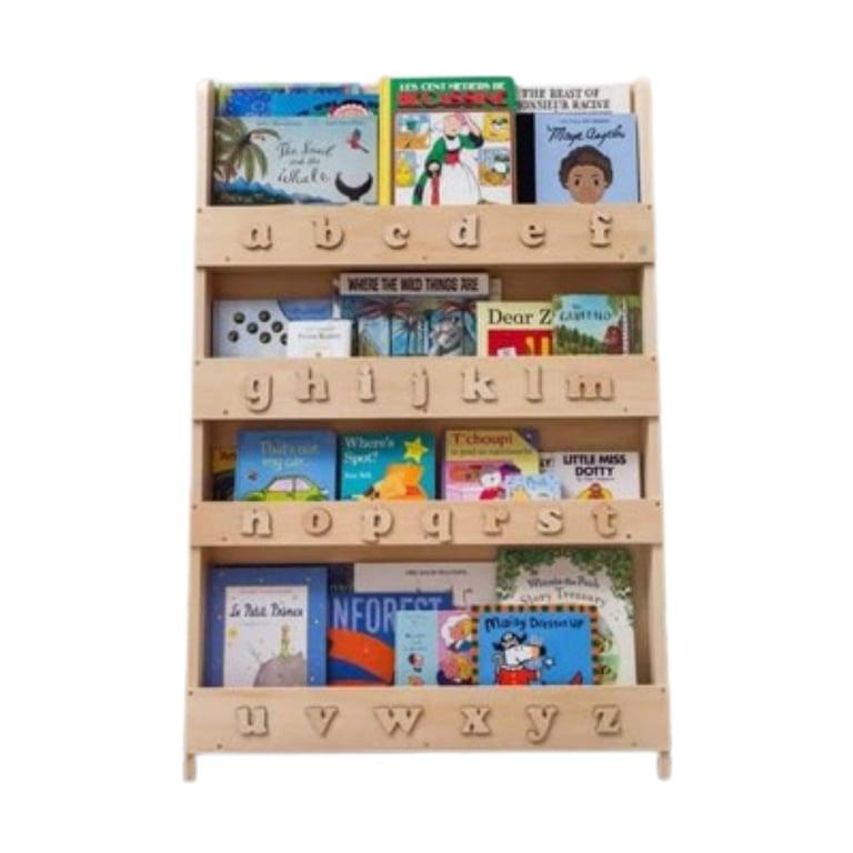 Montessori Tidy Books Wooden ABC Bookshelf Natural With Natural Alphabet