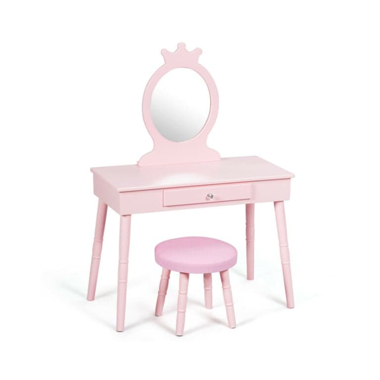 Costway Wooden Princess Makeup Table Round Mirror Pink