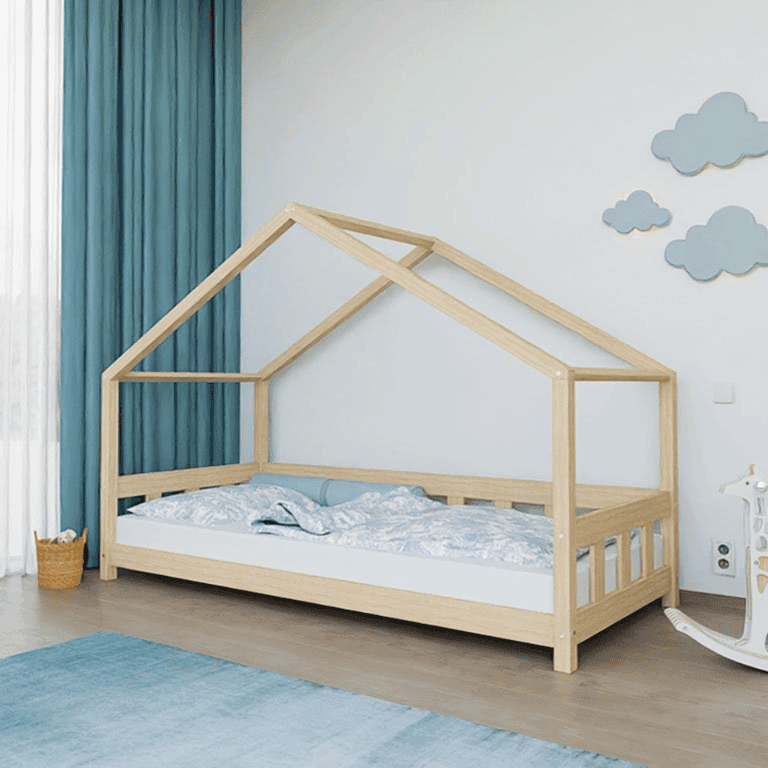 Benlemi House Bed Plotty With Front Panel and Open Entrance Unvarnished 80x160 CM