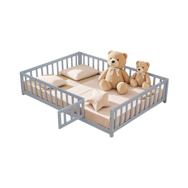 Montessori Bed Bath & Beyond Floor Bed With Fence-Shaped Guardrails, Slats, and Door Gray Full