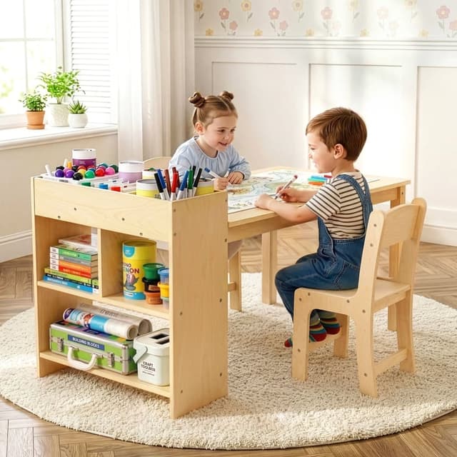 OOOK Wooden Kids Art Table and 2 Chairs