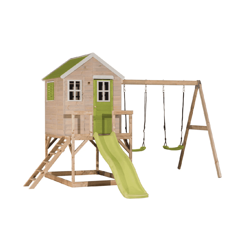 Montessori Wendi Toys My Lodge Swing Set With Platform, Slide, and Double Swing Lime