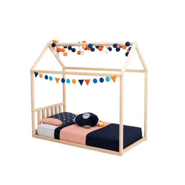 Sweet Home From Wood House-Frame Bed With a Headboard Full Non-Painted Pine Wood