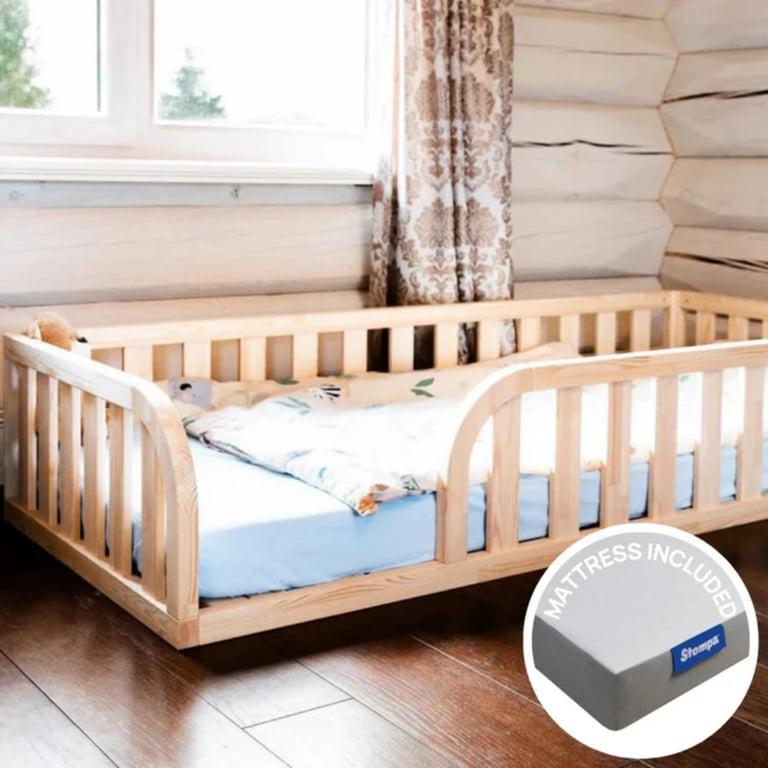 Montessori Roomix Toddler Floor Bed Size and Mattress Bundle Rounded Opening (Single Side) With Square Corners and 41 cm Barrier Height Natural Wood