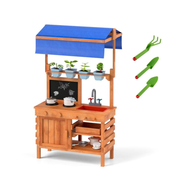 Costway Pretend Play Kitchen With Height Adjustable Canopy