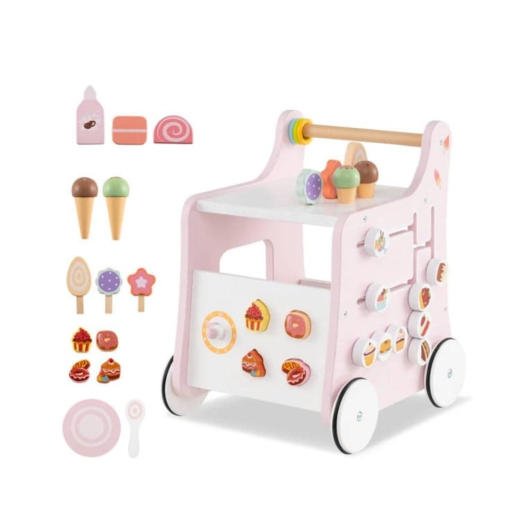Costway 2-in-1 Baby Walker With Storage and Ice Creams Pink