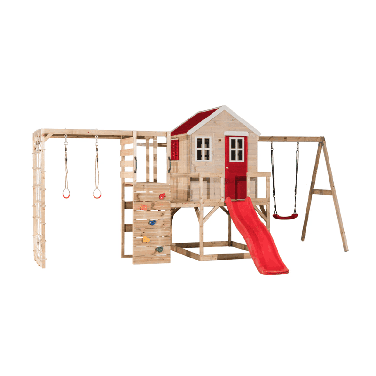 Montessori Wendi Toys My Lodge Swing Set With Platform, Slide, Single Swing, and Gym Attachment Red