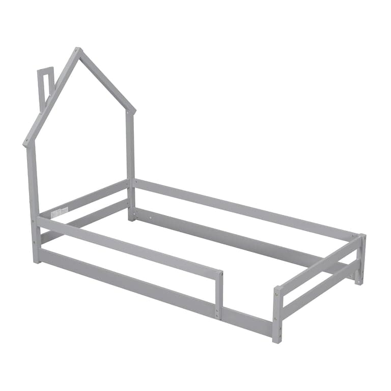 Dolonm Single Floor Bed With Fence Guardrails Grey