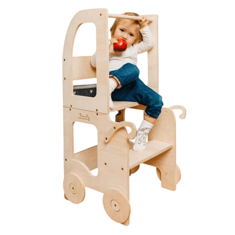 Montessori The Learning Tower Company The Wheely Fun Convertible Learning Tower Trolley Natural Wood Coated