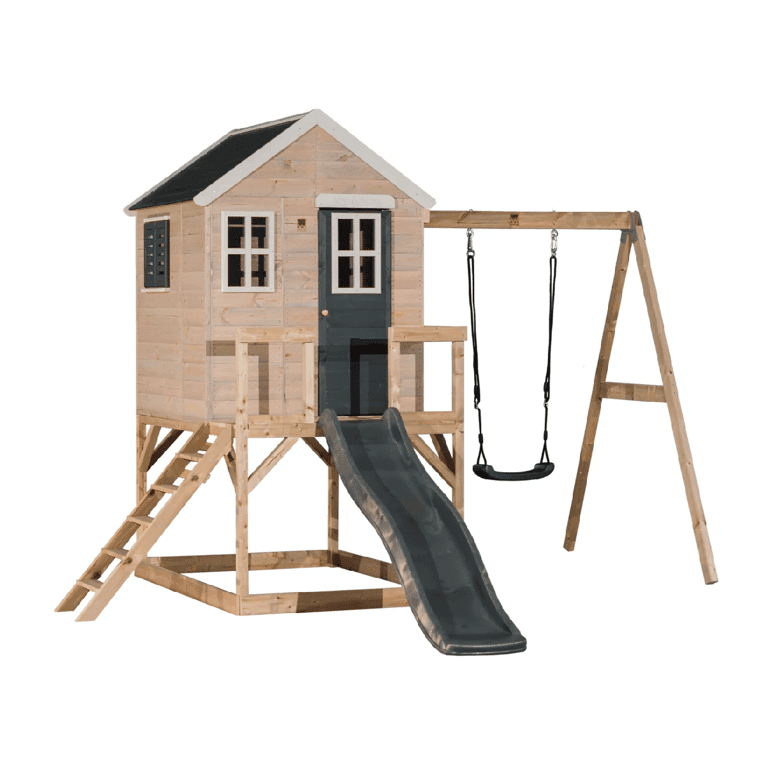 Montessori Wendi Toys My Lodge Swing Set With Platform, Slide, Single Swing, and Gym Attachment Gray