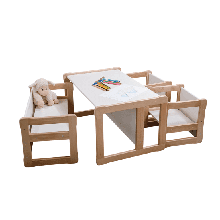 Montessori Woodjoy Big Table With Small Bench and Two Chairs White