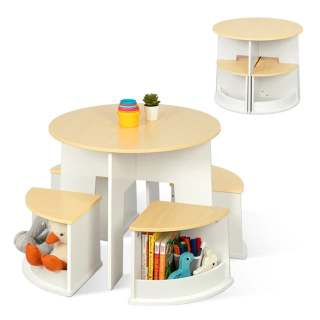 OOOK Wooden Round Table With 4 Storage Stools