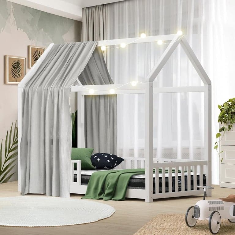 Oikiture Single House Floor Bed With Rails White
