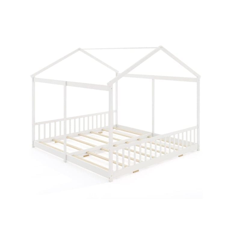 Costway Double Twin House Floor Bed With Rails