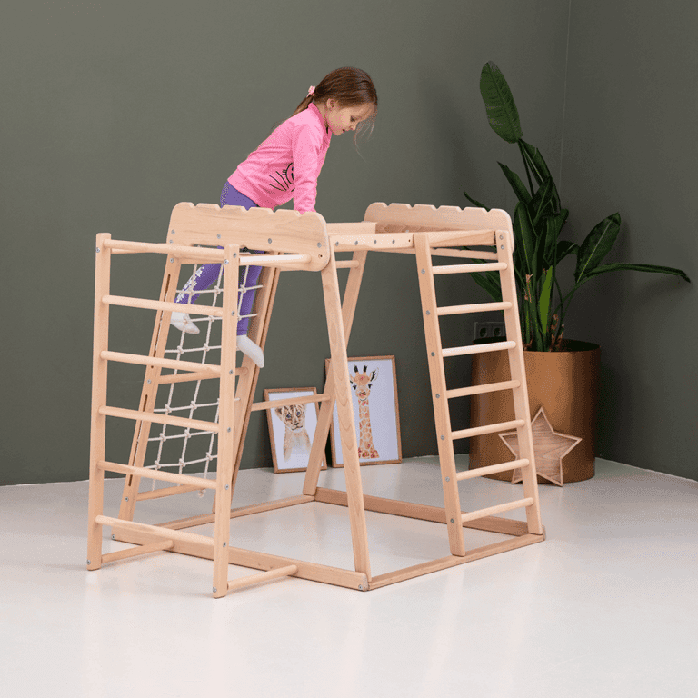 Montessori Wood and Hearts Indoor Jungle Gym With Trapeze and Ladder