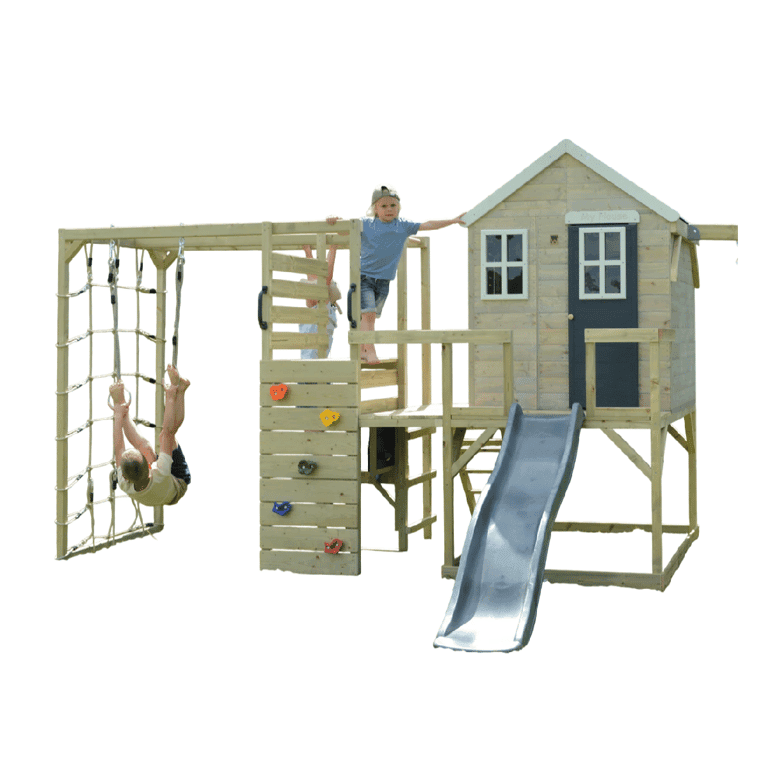 Montessori Wendi Toys My Lodge Swing Set With Platform, Slide, Double Swing, and Gym Attachment Gray