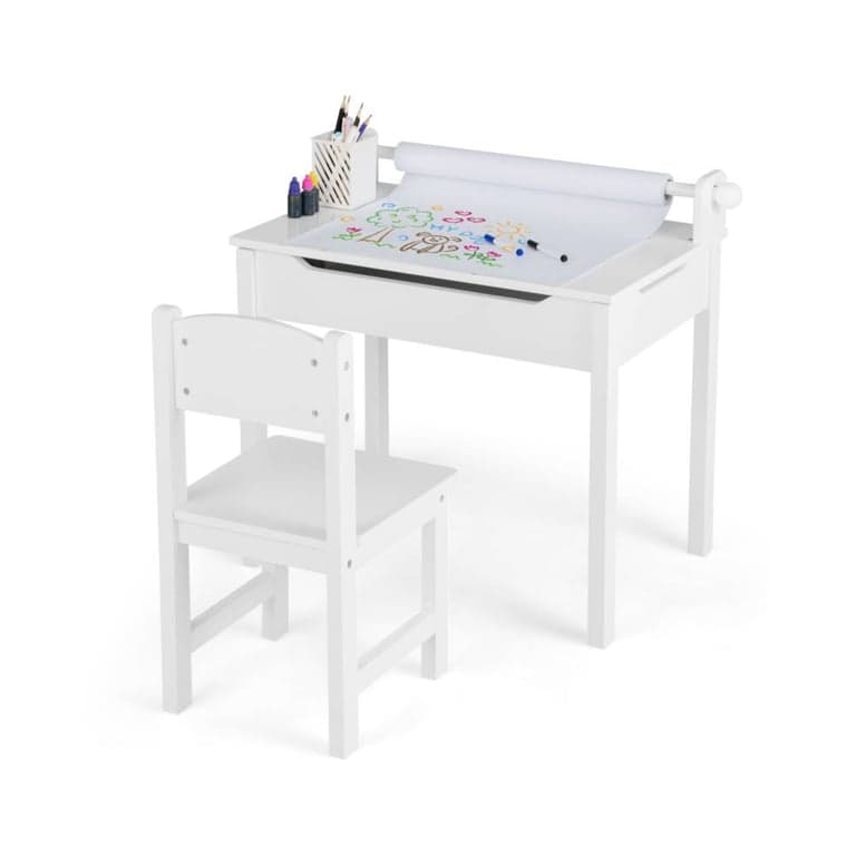 Costway Activity Table and Chair Set With Storage and Paper Roll Holder White