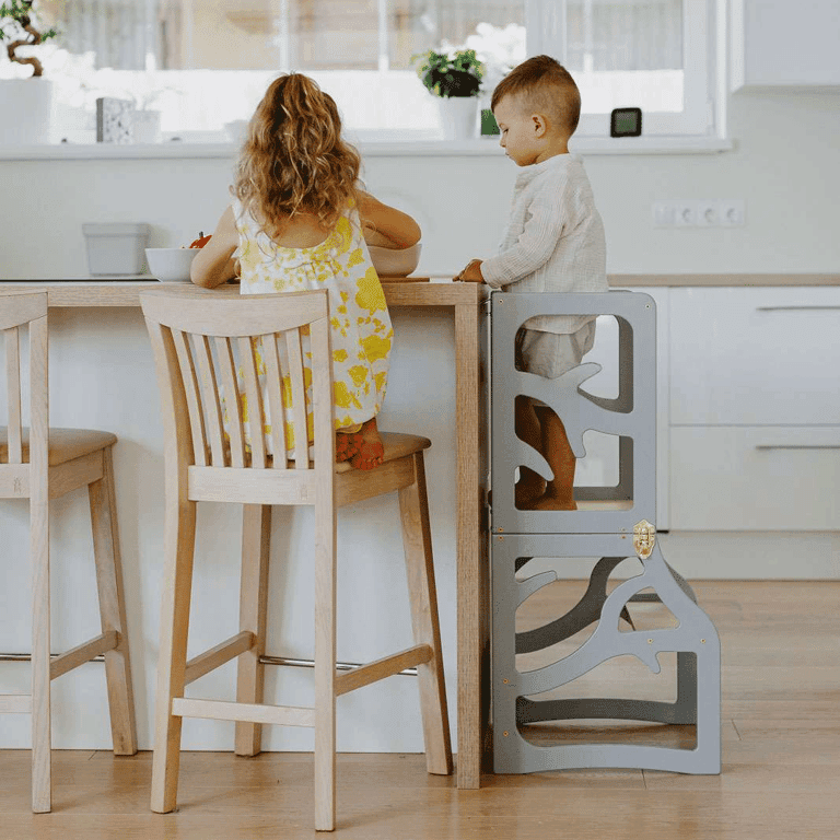 Weco 3 in 1 Tree Design Kitchen Tower With Step Stool Gray
