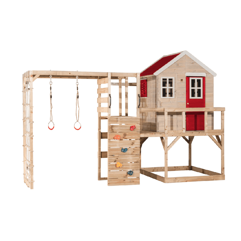 Montessori Wendi Toys My Lodge Swing Set With Platform and Gym Attachment Red