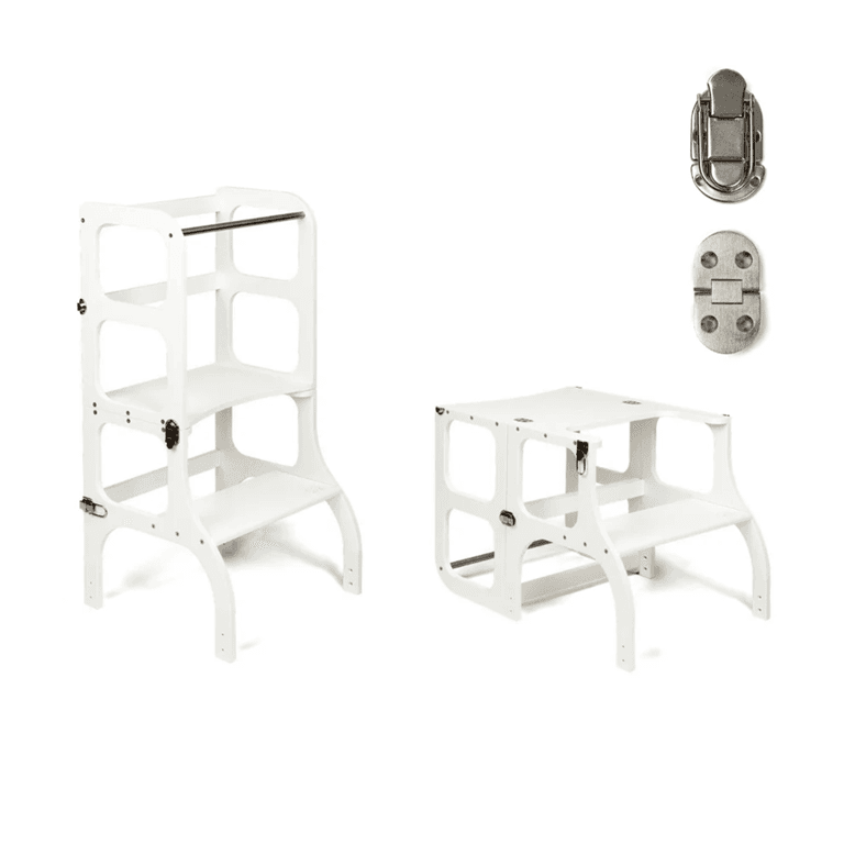 Montessori Ette Tete STEP'n'SIT® Helper Tower Table Convertible 2-in-1 White With Silver Clasp Locks