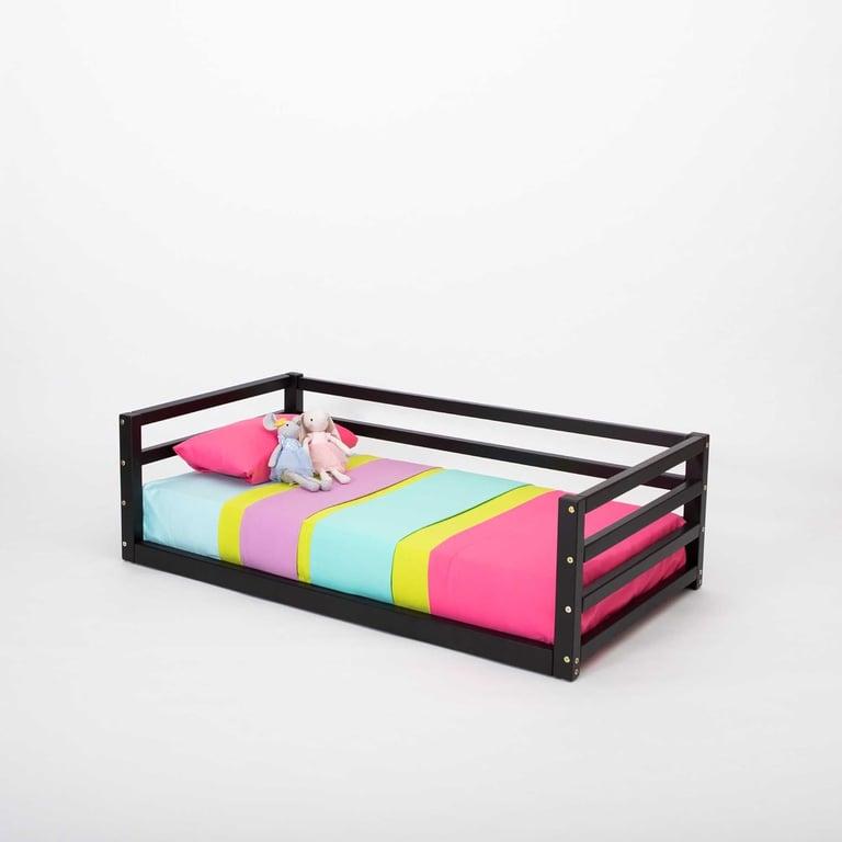 Montessori Sweet Home From Wood Montessori Floor Bed With Rails on 3 Sides 190 x 90 cm Black