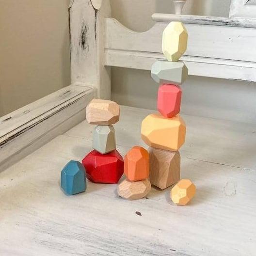 Montessori BiggSensoryBox Wooden Stacking Rocks 12 Rocks